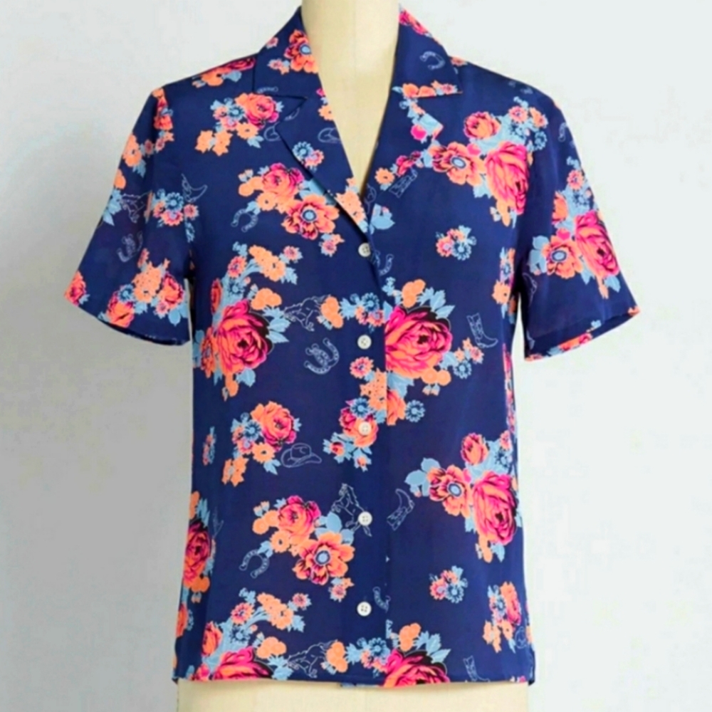 NWT! MOD CLOTH-Navy Floral Silk Camp Collar Shirt, Size S